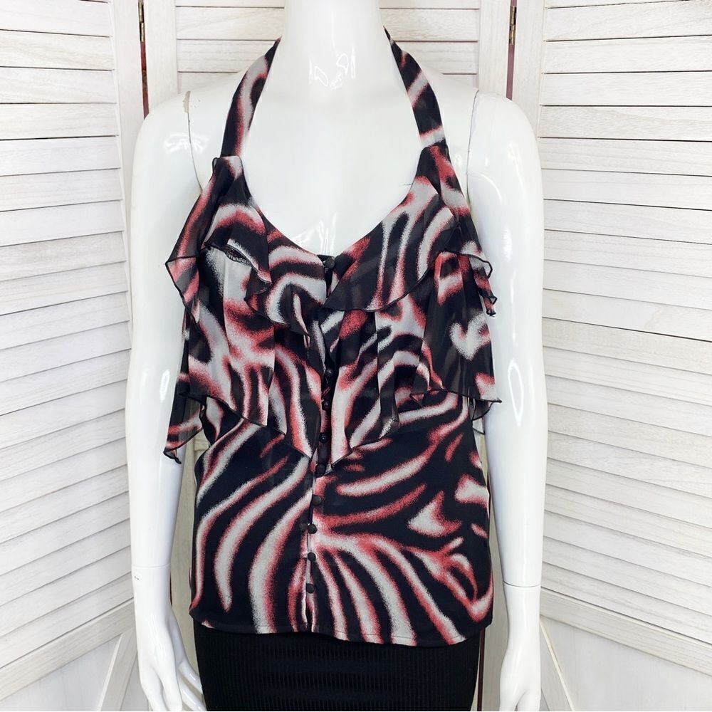 Bebe Printed‎ Silk Chiffon Ruffle Trim Halter Neck Blouse Pink Black XS